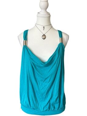 Y2K “Request” Turquoise Blue Draped Neckline Tank Top with Silver Hardware